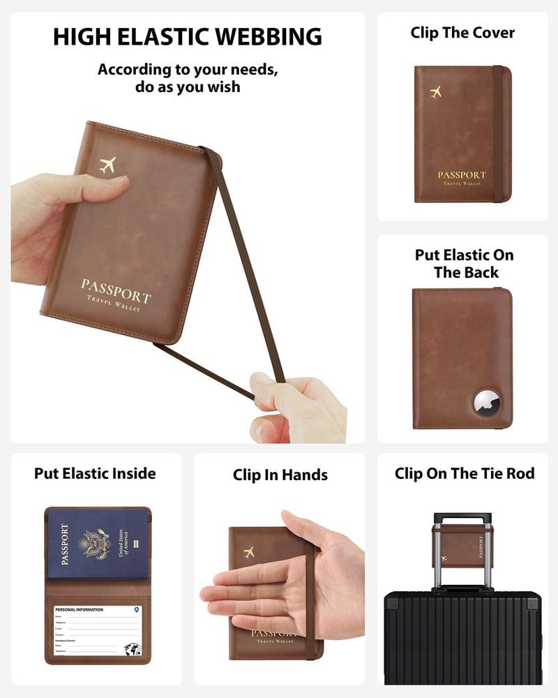 Stouchi AirTag Passport Holder, RFID Passport Holder with Airtag Slot, Multiple Passport Wallet Cover for Men, Leather Passport Case, Anti-Lost Waterproof Travel Accessories, Brown - Image 4